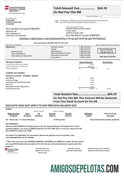 imprimível Modelo de conta de serviços públicos de eletricidade dos EUA Louisiana AEP (Southwestern Electric Power Company) em formatos Word e PDF